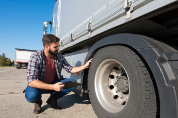 Truck driver holding clipboard is checking a truck wheels and tires.