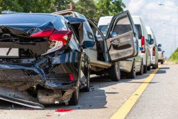 Multiple car collision happening along the highway.